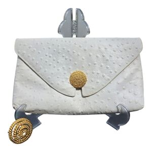 Rodo Italy Vintage Ostrich Leather White Gold Button  Clutch Bag & Brooch